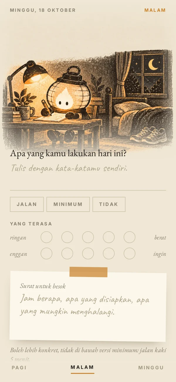 Layar Tiga Diri, malam