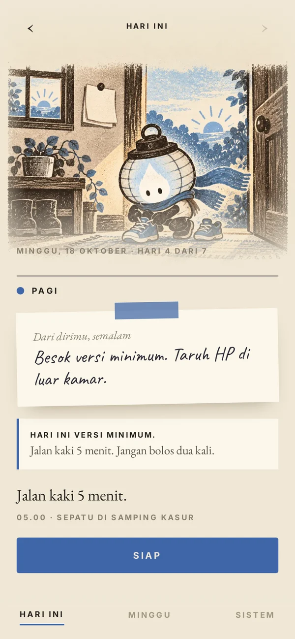 Layar Tiga Diri, pagi